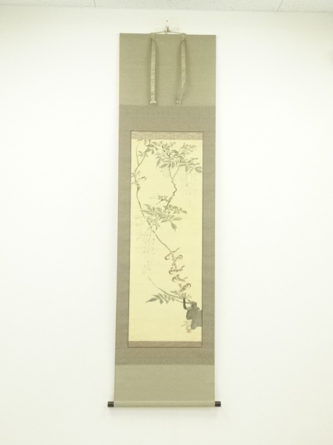 JAPANESE HANGING SCROLL / HAND PAINTED / WESTERIA & BIRDS / ARTIST WORK